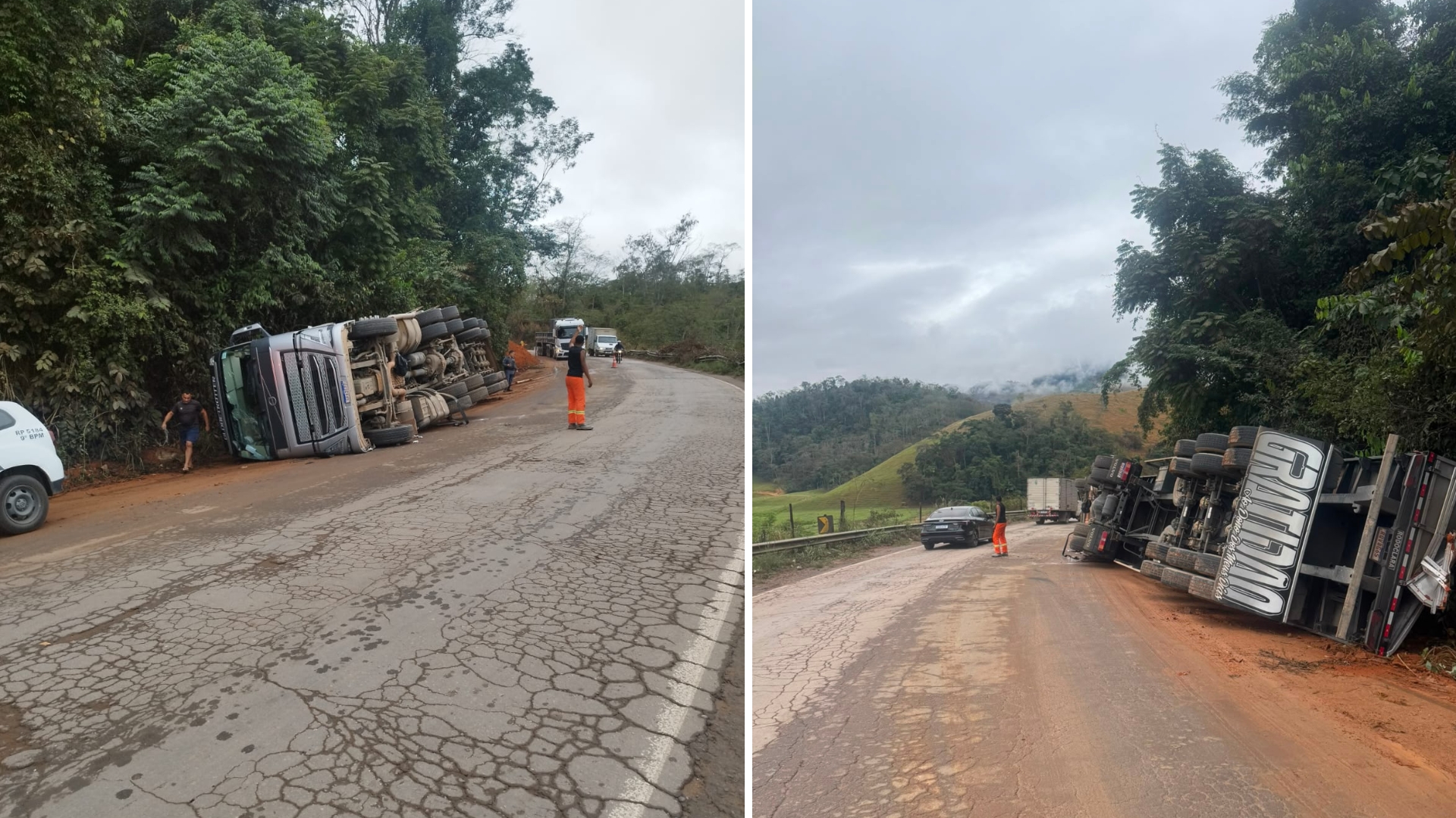 Caminhoneira tomba veículo após parar para evitar atropelamento em Cachoeiro Caminhoneira tomba veículo após parar para evitar atropelamento em Cachoeiro