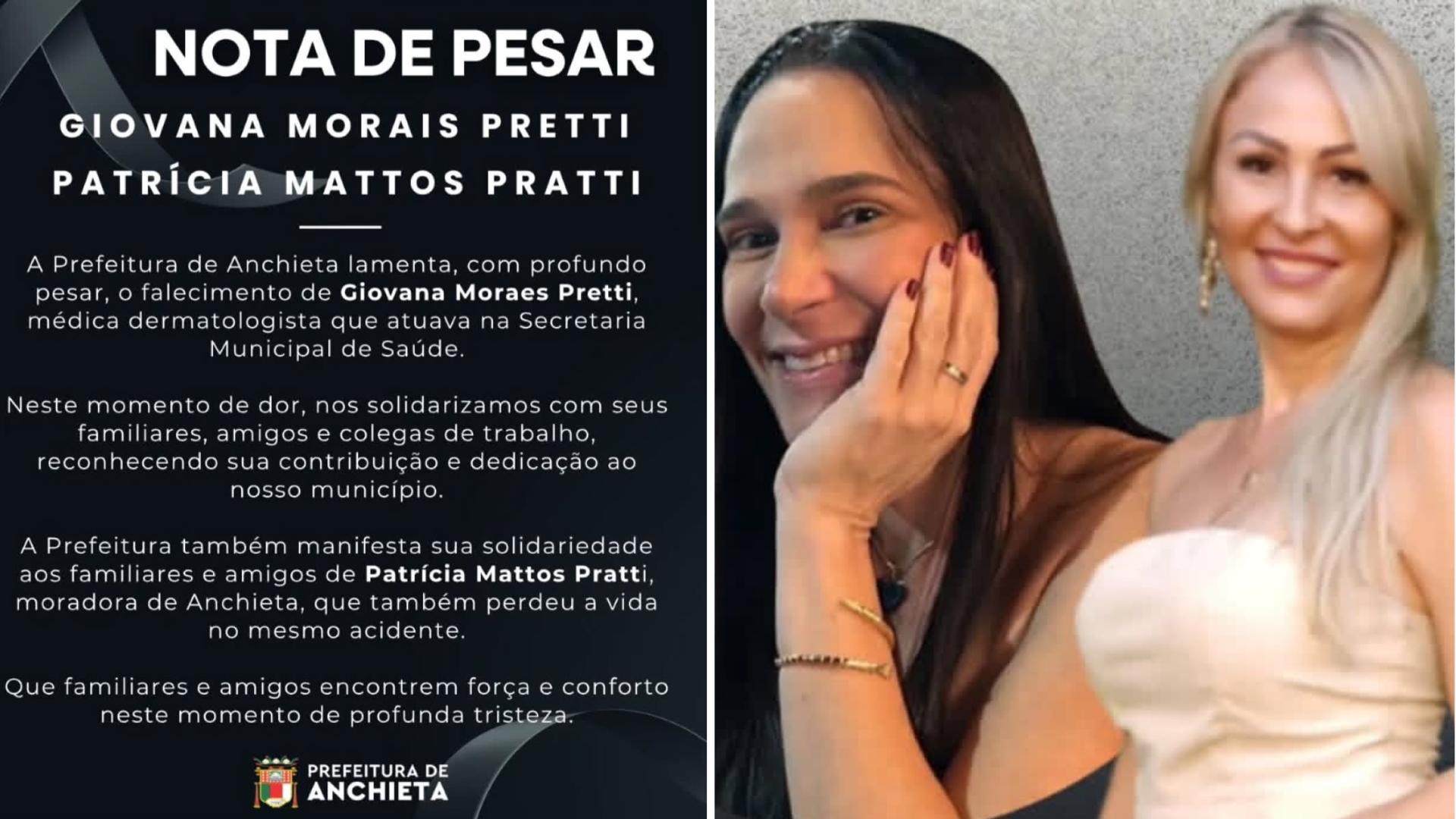 Giovana Pretti e Patrícia Mattos Pratti faleceram em acidente em Anchieta Giovana Pretti e Patrícia Mattos Pratti faleceram em acidente em Anchieta