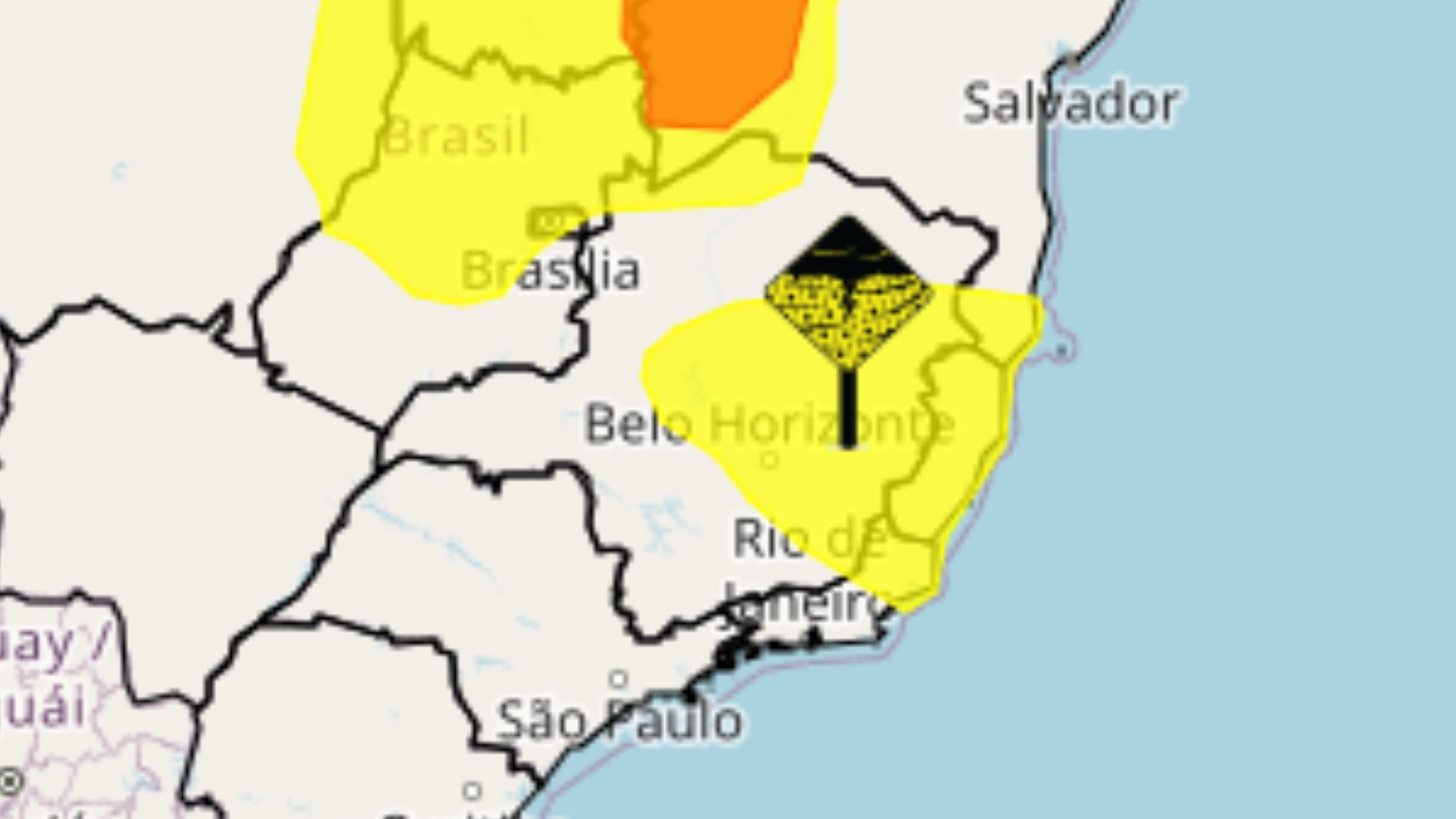 O aviso começou às 8h45 desta quarta-feira (16) e segue válido até as 10h de quinta-feira (17)