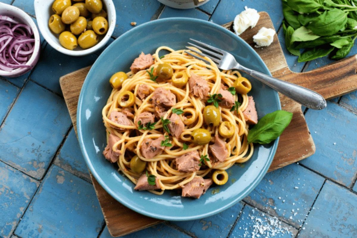 Macarrão proteico com atum e azeitonas (Imagem: manuelumbescu | Shutterstock)
