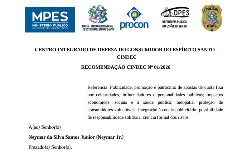 Trecho da carta de recomendação enviada pelo Cindec a Neymar e outras celebridades sobre as propagandas de bets