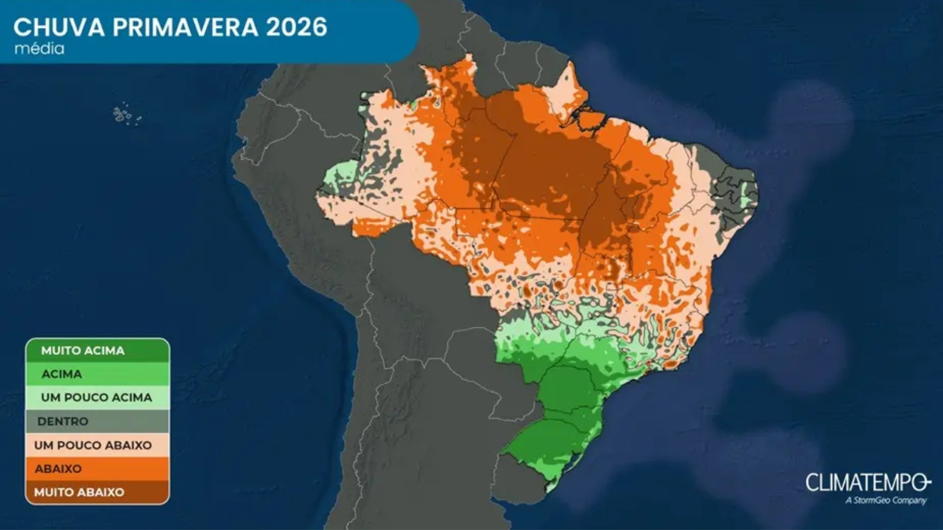 Média de chuva no Brasil durante a primavera de 2026