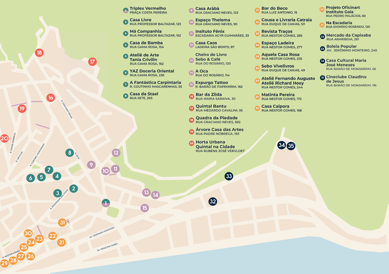 Mapa ilustrado detalha a localização de dezenas de espaços culturais, ateliês e iniciativas independentes que integram o Distrito Criativo no Centro de Vitória.