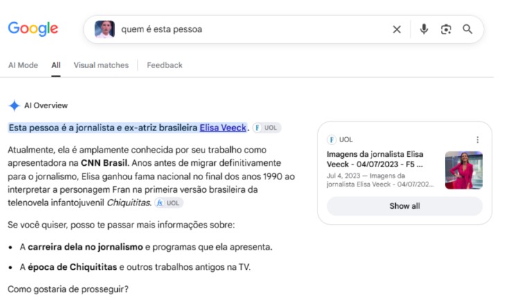 Google Lens foi utilizado para identificar trechos utilizados e a jornalista que aparece no vídeo