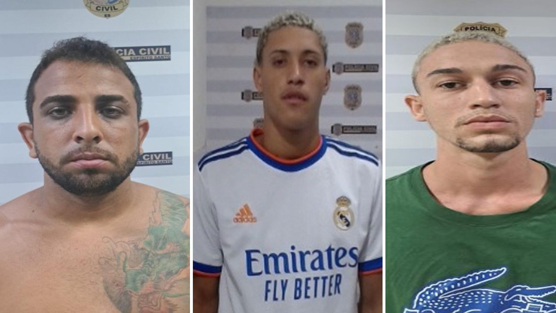 Da esquerda para a direita: Jeferson França, 29, preso preventivamente em 30 de setembro de 2026; Gabriel Lima, 21, morto em 2 de janeiro de 2025, em Viana; e Arthur Mauricio Pinto, 21, morto em 17 de janeiro de 2025, na Serra