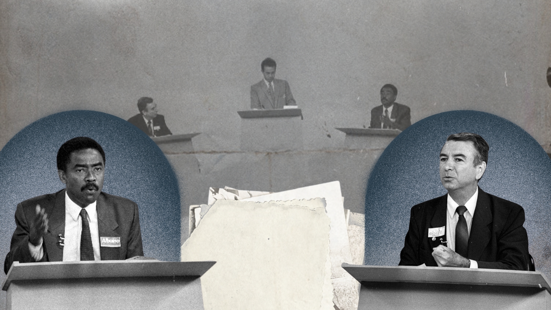 Albuíno Azeredo (PDT) e José Ignácio Ferreira (PST) durante debate eleitoral em 1990, ano em que disputaram o primeiro segundo turno para o governo do Espírito Santo.