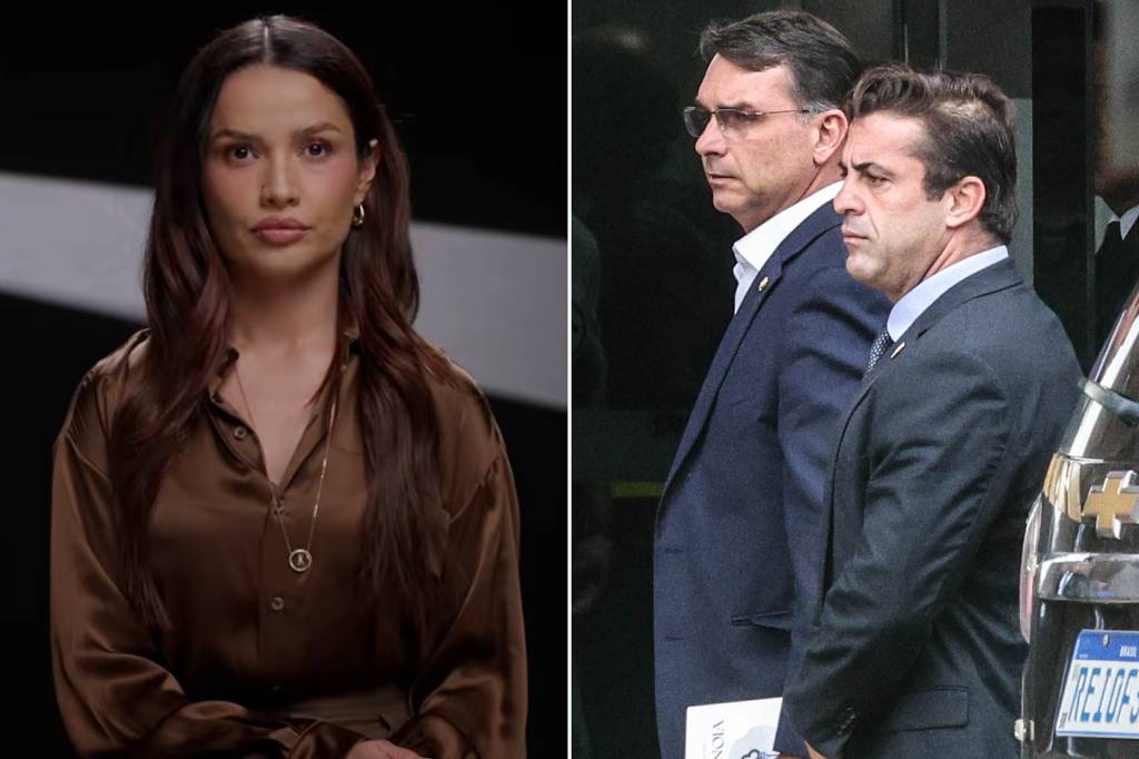 A cantora Juliette (esquerda) e o senador Flávio Bolsonaro (PL), que disputa a Presidência da República com Lula, levando um exemplar do livro 'Metanoia: A Chave Está em Sua Mente', de JB Carvalho (direita)