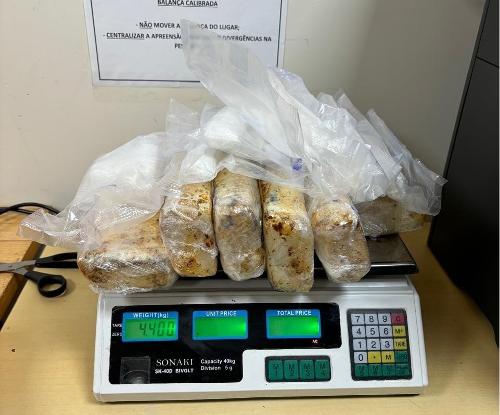 Policiais federais identificaram uma mala com fundo falso, com 5 tabletes de cocaína