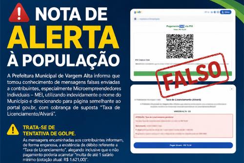 O alerta da Prefeitura de Vargem Alta publicado nas redes sociais e no seu site oficial