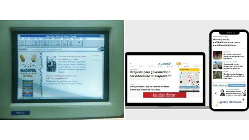 Tela do Gazeta Online em 1996 e site atual de A Gazeta, 30 anos depois