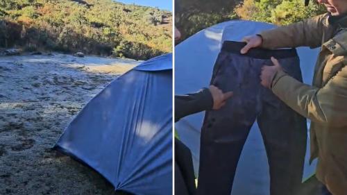 Geada encobriu gramado e até congelou calça de campista no Caparaó