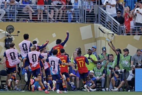 Ferran Torres da Espanha, comemora o seu gol durante a partida entre Espanha e Argentina, pela Final da Copa do Mundo FIFA 2026, no New York New Jersey Stadium