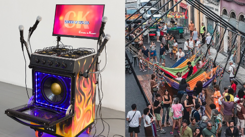 Um fogão karaoke e um rede de descanso com os sons remetem às águas