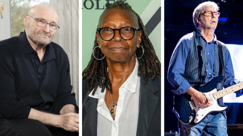 Na foto: Phil Collins, Whoopi Goldberg e Eric Clapton
