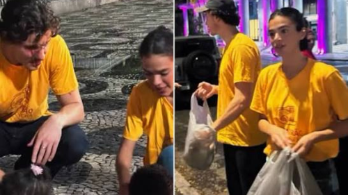 Bruna Marquezine e Shawn Mendes distribuem marmitas nas ruas do Rio de Janeiro