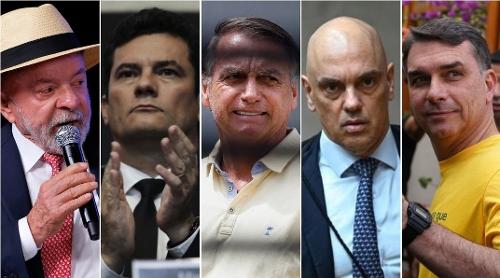 No sentido da leitura: Lula, Sergio Moro, Jair Bolsonaro, Alexandre de Moraes e Flávio Bolsonaro