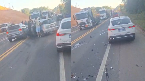 Acidente com três carros deixa quatro pessoas feridas na BR-101 em Fundão
