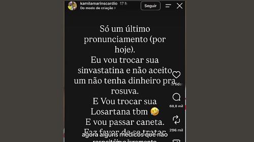 Print compartilhado com a declaração da cardiologista Kamila Marins