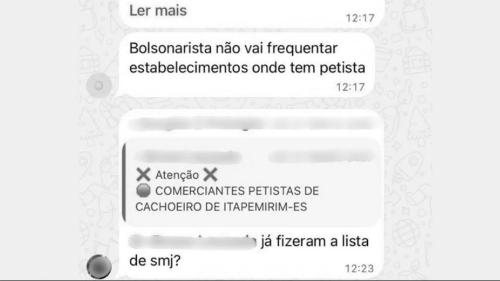 Print de mensagem em grupos que disseminam lista de boicote a profissionais e empresas com posiconamento político de esquerda